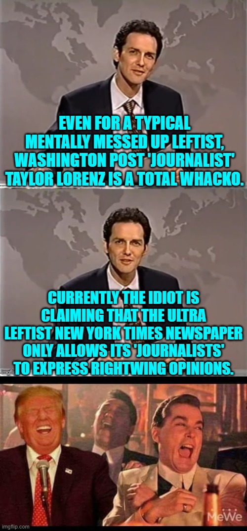 It's something when leftist 'journalists' are getting even whackier. | EVEN FOR A TYPICAL MENTALLY MESSED UP LEFTIST, WASHINGTON POST 'JOURNALIST' TAYLOR LORENZ IS A TOTAL WHACKO. CURRENTLY THE IDIOT IS CLAIMING THAT THE ULTRA LEFTIST NEW YORK TIMES NEWSPAPER ONLY ALLOWS ITS 'JOURNALISTS' TO EXPRESS RIGHTWING OPINIONS. | image tagged in weekend update with norm | made w/ Imgflip meme maker