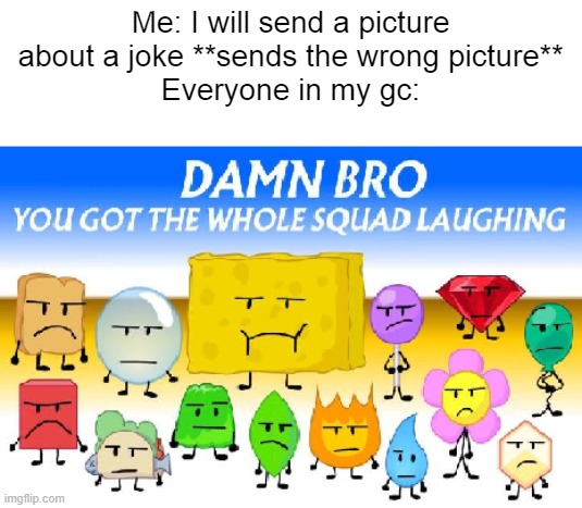 When you post the wrong picture for a joke to the GC | Me: I will send a picture about a joke **sends the wrong picture**
Everyone in my gc: | image tagged in damn bro you got the squad laughing | made w/ Imgflip meme maker