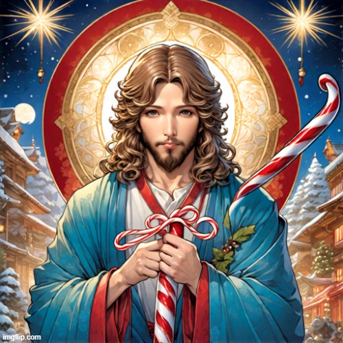 Nothing to see here, just AI art of Jesus holding a candy cane | image tagged in ai art,jesus,jesus christ,christmas,candy cane | made w/ Imgflip meme maker