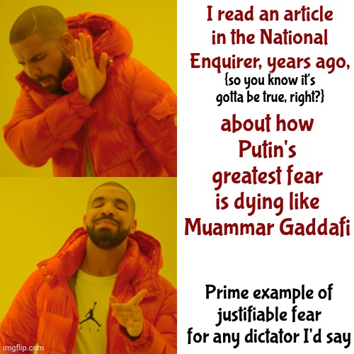 Tyranny Never Ends Well | I read an article in the National Enquirer, years ago, {so you know it's gotta be true, right?}; about how Putin's greatest fear is dying like Muammar Gaddafi; Prime example of justifiable fear for any dictator I'd say | image tagged in memes,drake hotline bling,fear,dictator,tyranny,just sayin' | made w/ Imgflip meme maker