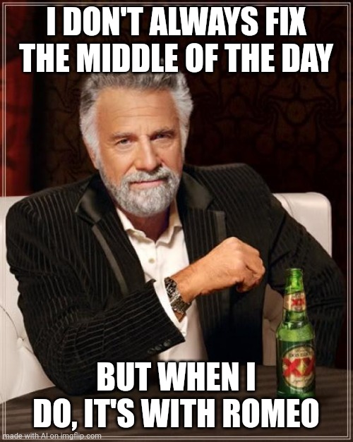 The Most Interesting Man In The World | I DON'T ALWAYS FIX THE MIDDLE OF THE DAY; BUT WHEN I DO, IT'S WITH ROMEO | image tagged in memes,surprised pikachu,ai generator be sus | made w/ Imgflip meme maker
