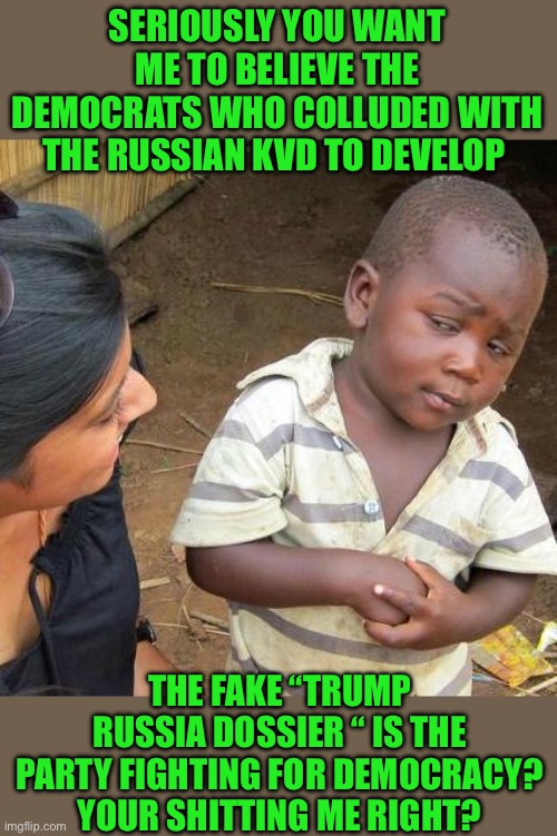Yep | SERIOUSLY YOU WANT ME TO BELIEVE THE DEMOCRATS WHO COLLUDED WITH THE RUSSIAN KVD TO DEVELOP; THE FAKE “TRUMP RUSSIA DOSSIER “ IS THE PARTY FIGHTING FOR DEMOCRACY? YOUR SHITTING ME RIGHT? | image tagged in memes,third world skeptical kid | made w/ Imgflip meme maker
