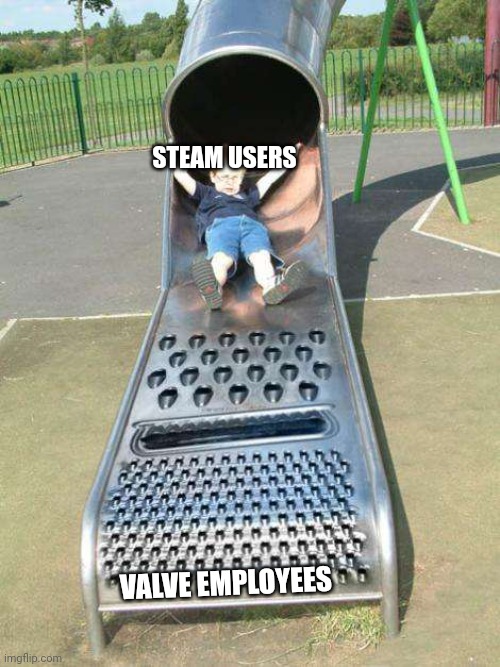 Cheese grater slide | STEAM USERS; VALVE EMPLOYEES | image tagged in cheese grater slide | made w/ Imgflip meme maker