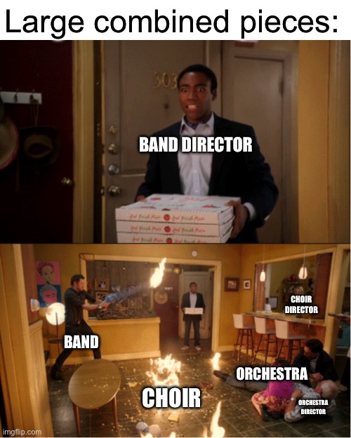 We did home alone last year and um this picture describes that | Large combined pieces:; BAND DIRECTOR; CHOIR DIRECTOR; BAND; ORCHESTRA; CHOIR; ORCHESTRA DIRECTOR | image tagged in community fire pizza meme,band,orchestra,choir | made w/ Imgflip meme maker
