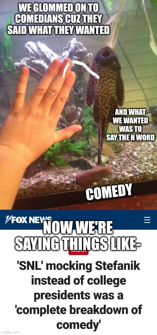 I think the comedy experts/defenders of comedy gig might be up | WE GLOMMED ON TO COMEDIANS CUZ THEY SAID WHAT THEY WANTED; AND WHAT WE WANTED WAS TO SAY THE N WORD; COMEDY; NOW WE'RE SAYING THINGS LIKE- | image tagged in lmfao,idiocracy,fox news | made w/ Imgflip meme maker