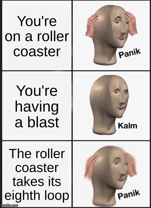 HELP | You're on a roller coaster; You're having a blast; The roller coaster takes its eighth loop | image tagged in memes,panik kalm panik | made w/ Imgflip meme maker