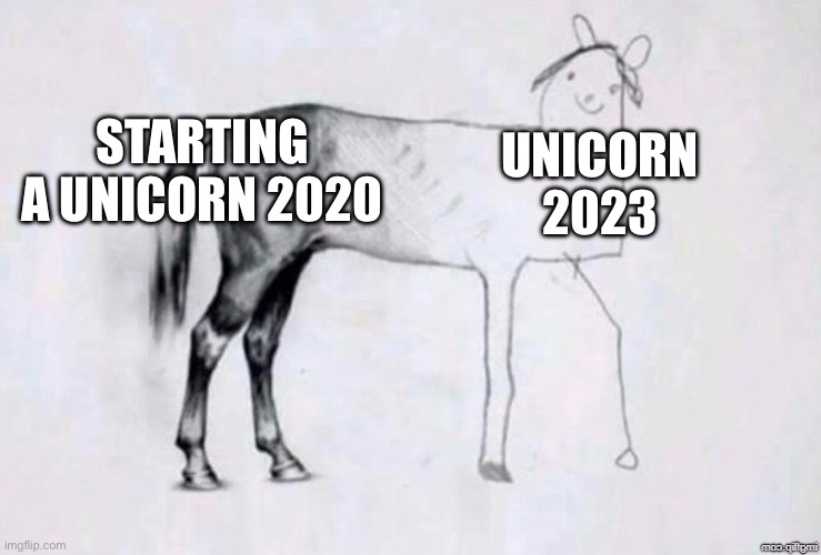 Horse Drawing | STARTING A UNICORN 2020; UNICORN 2023 | image tagged in horse drawing | made w/ Imgflip meme maker