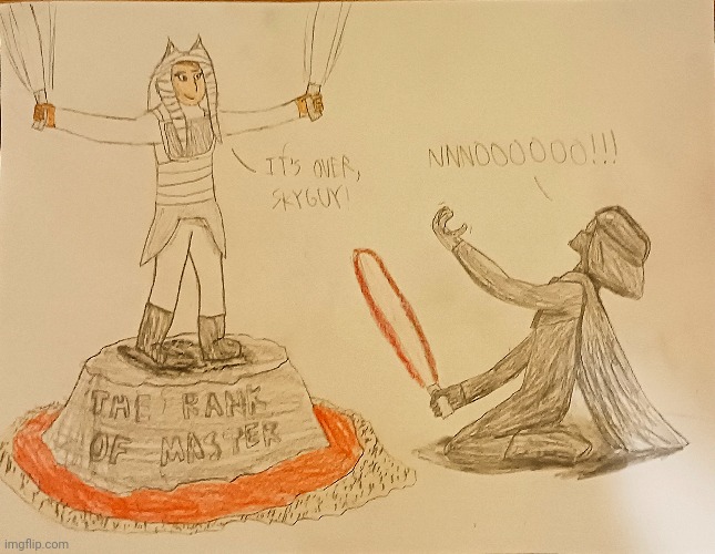 Vader's weaknesses (I drew this myself in case you couldn't tell) | image tagged in ahsoka,darth vader,the high ground,sand,lava,master | made w/ Imgflip meme maker