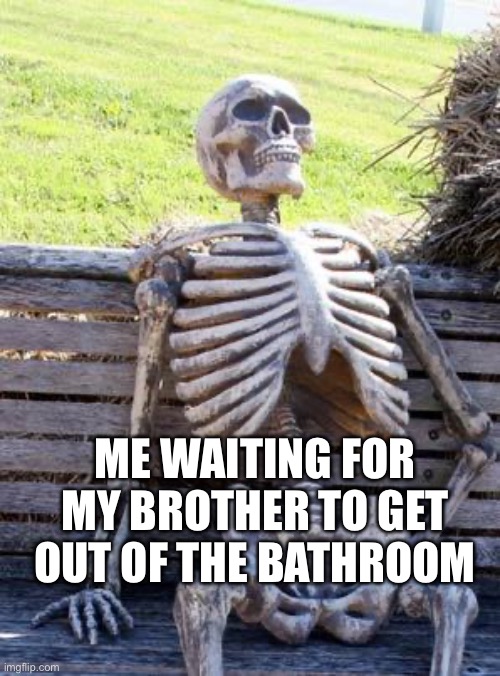 He’s always on his phone in the bathroom, fr though | ME WAITING FOR MY BROTHER TO GET OUT OF THE BATHROOM | image tagged in memes,waiting skeleton | made w/ Imgflip meme maker
