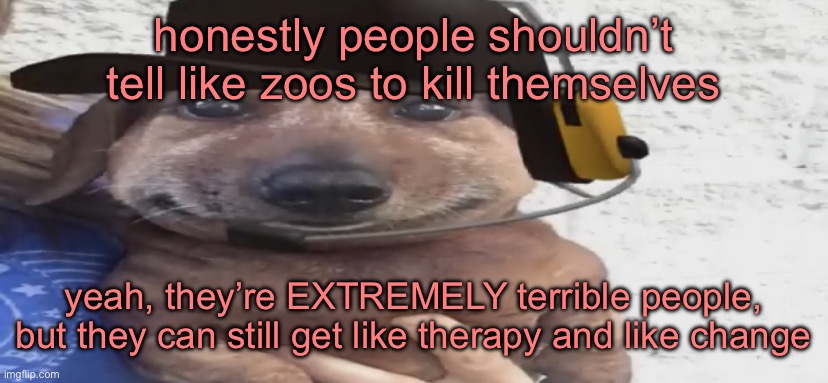 chucklenuts | honestly people shouldn’t tell like zoos to kill themselves; yeah, they’re EXTREMELY terrible people, but they can still get like therapy and like change | image tagged in chucklenuts | made w/ Imgflip meme maker