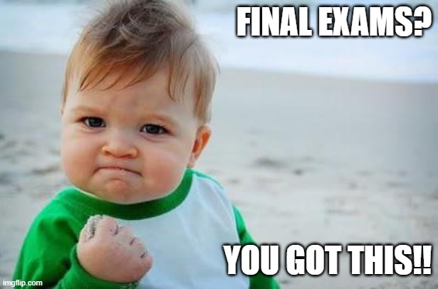 Final Exams - you got this! | FINAL EXAMS? YOU GOT THIS!! | image tagged in fist pump baby | made w/ Imgflip meme maker