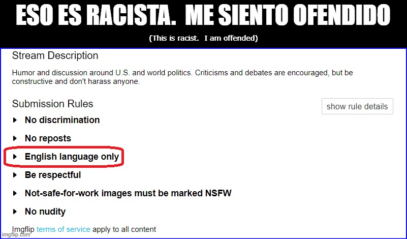 It looks like ImgFlips policies are exclusionary.  What are the liberal mods going to do now? | ESO ES RACISTA.  ME SIENTO OFENDIDO; (This is racist.  I am offended) | image tagged in racism,violating their own policy | made w/ Imgflip meme maker