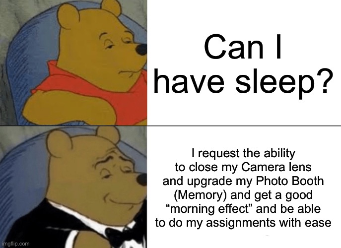 This is y we need sleep | Can I have sleep? I request the ability to close my Camera lens and upgrade my Photo Booth (Memory) and get a good “morning effect” and be able to do my assignments with ease | image tagged in memes,tuxedo winnie the pooh | made w/ Imgflip meme maker