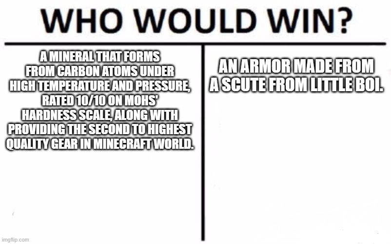 Who Would Win? Meme | A MINERAL THAT FORMS FROM CARBON ATOMS UNDER HIGH TEMPERATURE AND PRESSURE, RATED 10/10 ON MOHS' HARDNESS SCALE, ALONG WITH PROVIDING THE SECOND TO HIGHEST QUALITY GEAR IN MINECRAFT WORLD. AN ARMOR MADE FROM A SCUTE FROM LITTLE BOI. | image tagged in memes,who would win | made w/ Imgflip meme maker