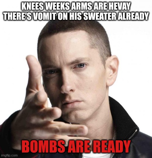 Eminem video game logic | KNEES WEEKS ARMS ARE HEVAY THERE'S VOMIT ON HIS SWEATER ALREADY; BOMBS ARE READY | image tagged in eminem video game logic | made w/ Imgflip meme maker