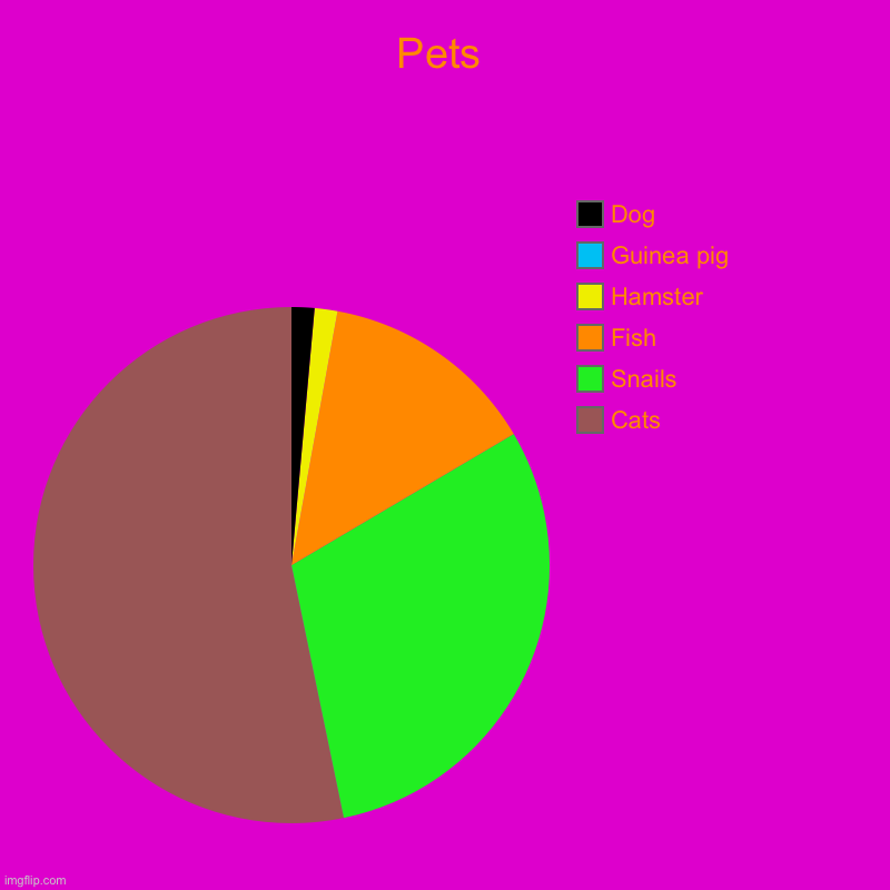 Pets | Cats, Snails, Fish, Hamster, Guinea pig, Dog | image tagged in charts,pie charts | made w/ Imgflip chart maker