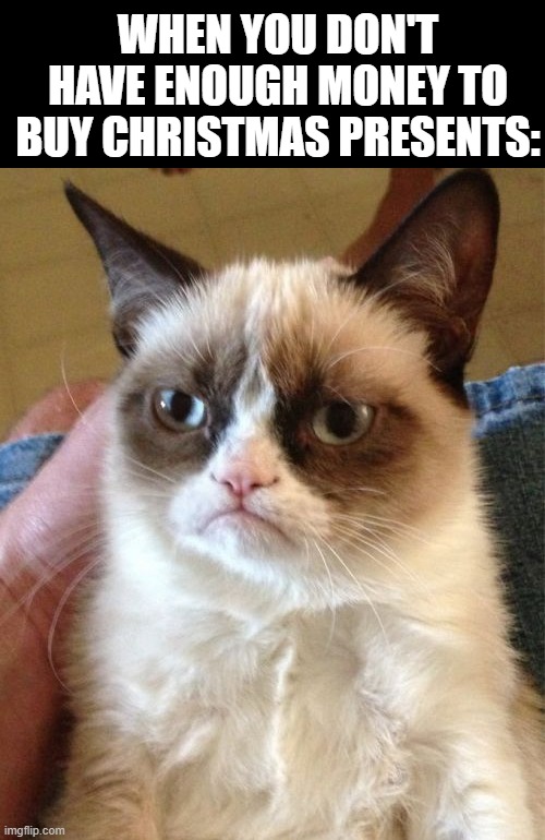 I never have enough money | WHEN YOU DON'T HAVE ENOUGH MONEY TO BUY CHRISTMAS PRESENTS: | image tagged in memes,grumpy cat,money,christmas | made w/ Imgflip meme maker