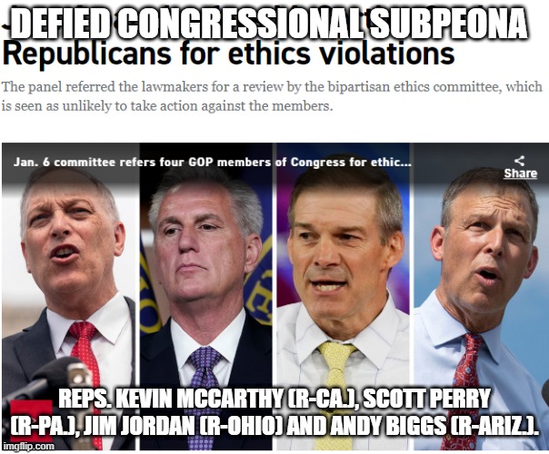 Hunter Biden Congressional Subpeona | DEFIED CONGRESSIONAL SUBPEONA; REPS. KEVIN MCCARTHY (R-CA.), SCOTT PERRY (R-PA.), JIM JORDAN (R-OHIO) AND ANDY BIGGS (R-ARIZ.). | image tagged in hunter biden,joe biden,republicans,jim jordan,democrats | made w/ Imgflip meme maker