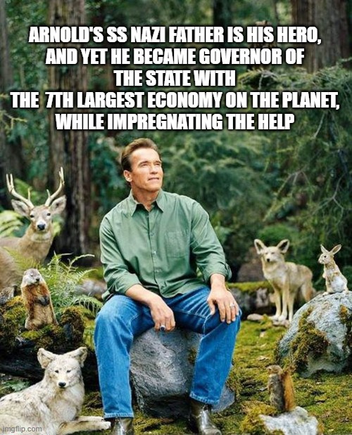 Arnold nature | ARNOLD'S SS NAZI FATHER IS HIS HERO,
AND YET HE BECAME GOVERNOR OF
THE STATE WITH
THE  7TH LARGEST ECONOMY ON THE PLANET,
WHILE IMPREGNATING | image tagged in arnold nature | made w/ Imgflip meme maker