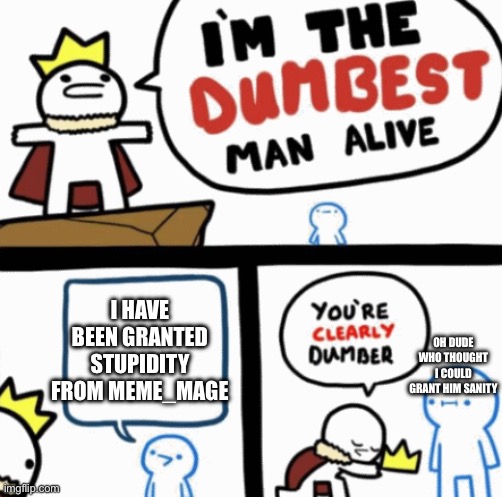 Dumbest man alive | OH DUDE WHO THOUGHT I COULD GRANT HIM SANITY; I HAVE BEEN GRANTED STUPIDITY FROM MEME_MAGE | image tagged in dumbest man alive | made w/ Imgflip meme maker
