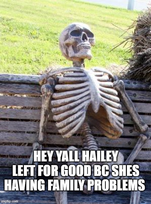 Waiting Skeleton Meme | HEY YALL HAILEY LEFT FOR GOOD BC SHES HAVING FAMILY PROBLEMS | image tagged in memes,waiting skeleton | made w/ Imgflip meme maker