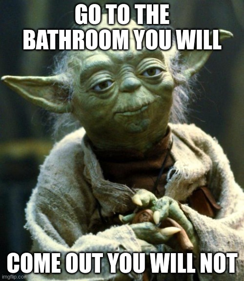 ...well im not going to the bathroom ever again | GO TO THE BATHROOM YOU WILL; COME OUT YOU WILL NOT | image tagged in memes,star wars yoda | made w/ Imgflip meme maker