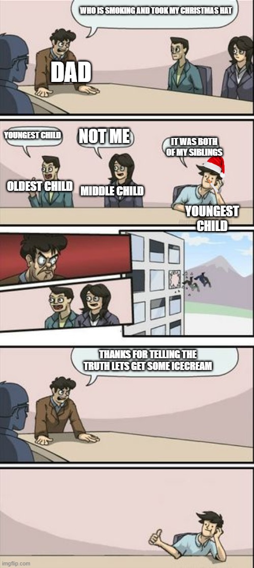 (This took 20 minutes to make) | WHO IS SMOKING AND TOOK MY CHRISTMAS HAT; DAD; YOUNGEST CHILD; NOT ME; IT WAS BOTH OF MY SIBLINGS; OLDEST CHILD; MIDDLE CHILD; YOUNGEST CHILD; THANKS FOR TELLING THE TRUTH LETS GET SOME ICECREAM | image tagged in boardroom meeting sugg 2,took a long time to make,funny,memes,oldest child,not fair | made w/ Imgflip meme maker