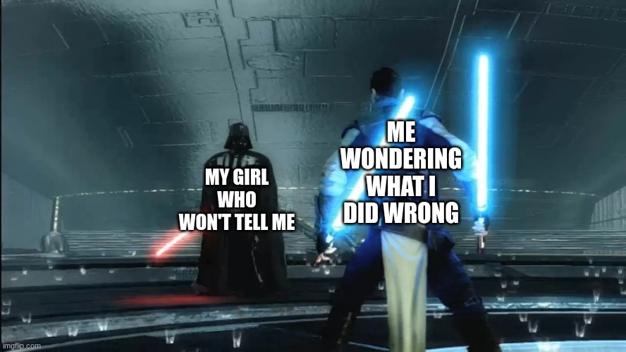 Downsides of Having a Girlfriend | ME WONDERING WHAT I DID WRONG; MY GIRL WHO WON'T TELL ME | image tagged in starkiller on kamino with darth vader | made w/ Imgflip meme maker