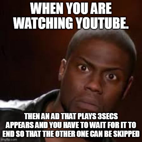 WHEN YOU ARE WATCHING YOUTUBE. THEN AN AD THAT PLAYS 3SECS APPEARS AND YOU HAVE TO WAIT FOR IT TO END SO THAT THE OTHER ONE CAN BE SKIPPED | image tagged in funny memes | made w/ Imgflip meme maker