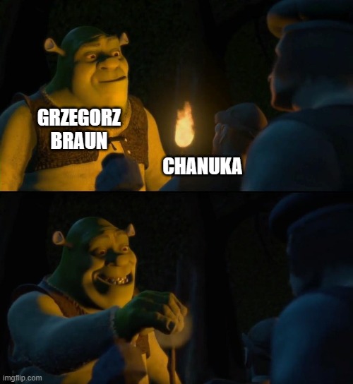 Shrek puts out torch | CHANUKA; GRZEGORZ BRAUN | image tagged in shrek puts out torch | made w/ Imgflip meme maker