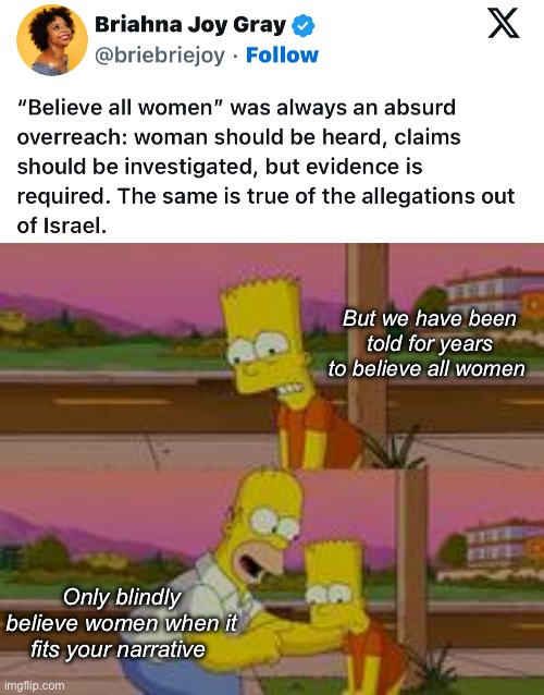 Pic and choose morality | But we have been told for years to believe all women; Only blindly believe women when it fits your narrative | image tagged in bart simpson,politics lol,memes | made w/ Imgflip meme maker