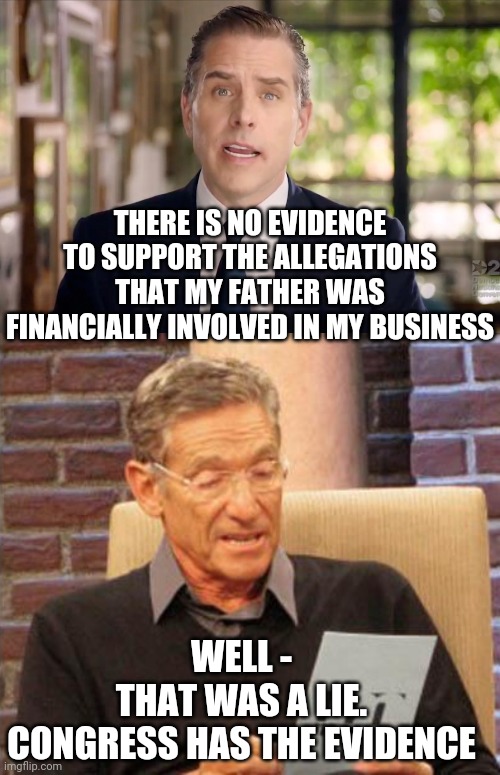 Bald Faced Liar | THERE IS NO EVIDENCE TO SUPPORT THE ALLEGATIONS THAT MY FATHER WAS FINANCIALLY INVOLVED IN MY BUSINESS; WELL -
THAT WAS A LIE.
CONGRESS HAS THE EVIDENCE | image tagged in hunter biden,maury povich,leftists,liberals,democrats | made w/ Imgflip meme maker