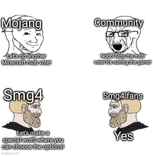 Feeling old yet? | Mojang; Community; Let's do another Minecraft mob vote! Nooo! Stop the mob vote! It's ruining the game! Smg4 fans; Smg4; Let's make a special wotfi where you can choose the options! Yes | image tagged in chad we know,minecraft,minecraft memes,mob vote,smg4 | made w/ Imgflip meme maker