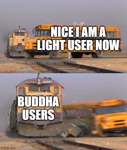 Me in blox fruits (3) | NICE I AM A LIGHT USER NOW; BUDDHA USERS | image tagged in a train hitting a school bus | made w/ Imgflip meme maker