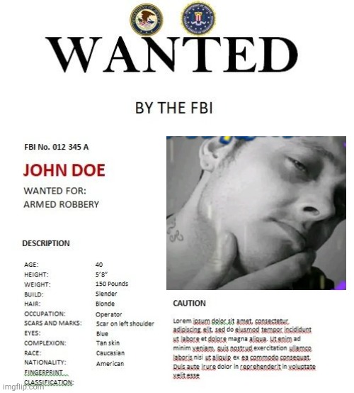 FBI wanted poster | image tagged in fbi wanted poster | made w/ Imgflip meme maker