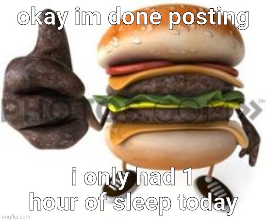 burger doing thumbs up | okay im done posting; i only had 1 hour of sleep today | image tagged in burger doing thumbs up | made w/ Imgflip meme maker