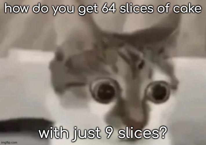 bombastic side eye cat | how do you get 64 slices of cake; with just 9 slices? | image tagged in bombastic side eye cat | made w/ Imgflip meme maker