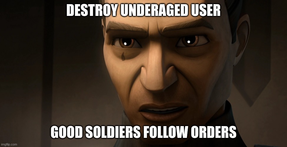 clone trooper tup | DESTROY UNDERAGED USER; GOOD SOLDIERS FOLLOW ORDERS | image tagged in clone trooper tup | made w/ Imgflip meme maker