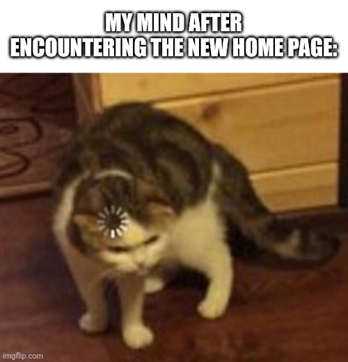 where meme | MY MIND AFTER ENCOUNTERING THE NEW HOME PAGE: | image tagged in loading cat,memes | made w/ Imgflip meme maker