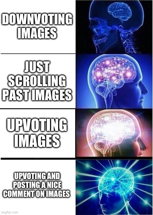 Expanding Brain | DOWNVOTING IMAGES; JUST SCROLLING PAST IMAGES; UPVOTING IMAGES; UPVOTING AND POSTING A NICE COMMENT ON IMAGES | image tagged in memes,expanding brain | made w/ Imgflip meme maker
