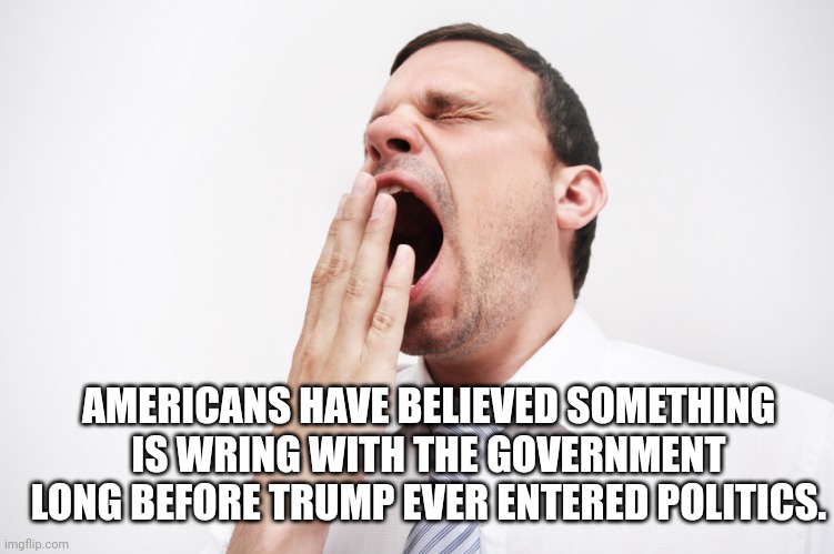 yawn | AMERICANS HAVE BELIEVED SOMETHING IS WRING WITH THE GOVERNMENT LONG BEFORE TRUMP EVER ENTERED POLITICS. | image tagged in yawn | made w/ Imgflip meme maker