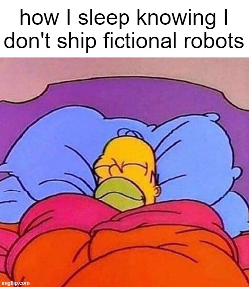 . | how I sleep knowing I don't ship fictional robots | image tagged in homer simpson sleeping peacefully,murder drones | made w/ Imgflip meme maker