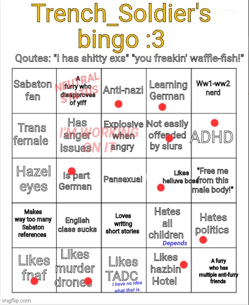 Eh. | NEUTRAL STATUS; I'M WORKING
ON IT; Depends; I have no idea what that is. | image tagged in trench_soldier's bingo | made w/ Imgflip meme maker