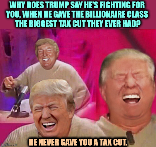 And never will. | HE NEVER GAVE YOU A TAX CUT. | image tagged in trump,tax cuts for the rich,everybode,else,nothing | made w/ Imgflip meme maker