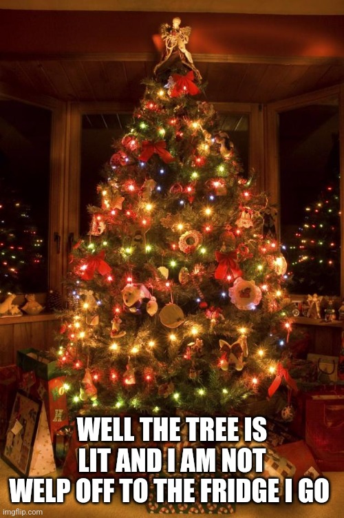 Christmas Tree | WELL THE TREE IS LIT AND I AM NOT
WELP OFF TO THE FRIDGE I GO | image tagged in christmas tree | made w/ Imgflip meme maker