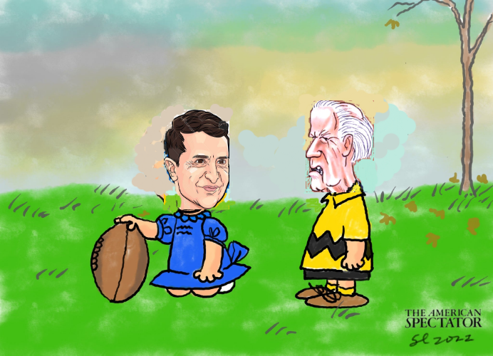 Charlie Brown (Biden) and Lucy (Zelensky) football scene Blank Meme Template