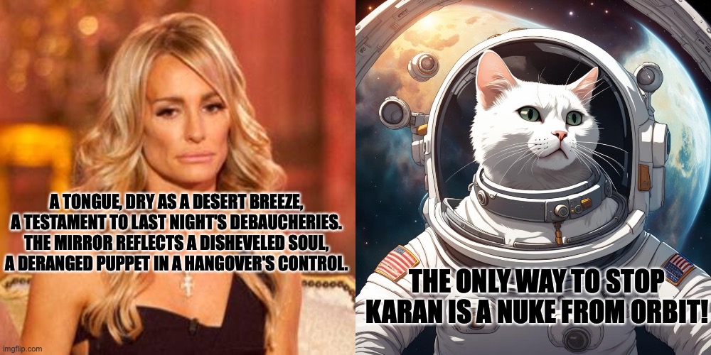 Space Cat | A TONGUE, DRY AS A DESERT BREEZE,
A TESTAMENT TO LAST NIGHT'S DEBAUCHERIES.
THE MIRROR REFLECTS A DISHEVELED SOUL,
A DERANGED PUPPET IN A HANGOVER'S CONTROL. THE ONLY WAY TO STOP KARAN IS A NUKE FROM ORBIT! | image tagged in taylor the real housewife | made w/ Imgflip meme maker