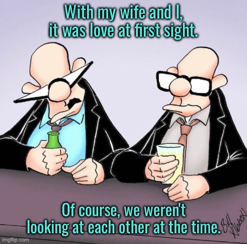 Love at first sight | With my wife and I, it was love at first sight. Of course, we weren't looking at each other at the time. | image tagged in when we met,love,not looking,at each other,at the time,comics | made w/ Imgflip meme maker