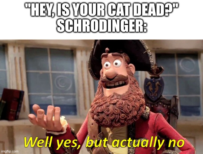 Really peculiar experiment | "HEY, IS YOUR CAT DEAD?"
SCHRODINGER: | image tagged in well yes but actually no,schrodinger | made w/ Imgflip meme maker