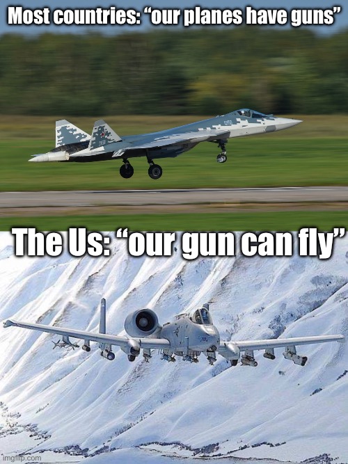 “BRRRT” the sound of freedom | Most countries: “our planes have guns”; The Us: “our gun can fly” | image tagged in sukhoi su-57 landing,a10 | made w/ Imgflip meme maker